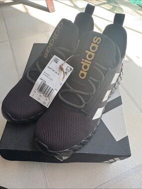 adidas Kaptir Black Sneakers with White Stripes and Gold Logo NWT and Box